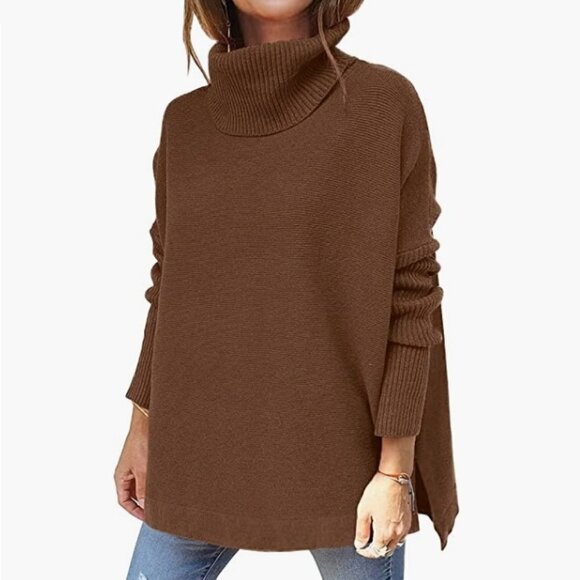 Sweaters - Turtleneck Oversized Sweater, Long Batwing Sleeve, Spilt Hem, Tunic Pull…